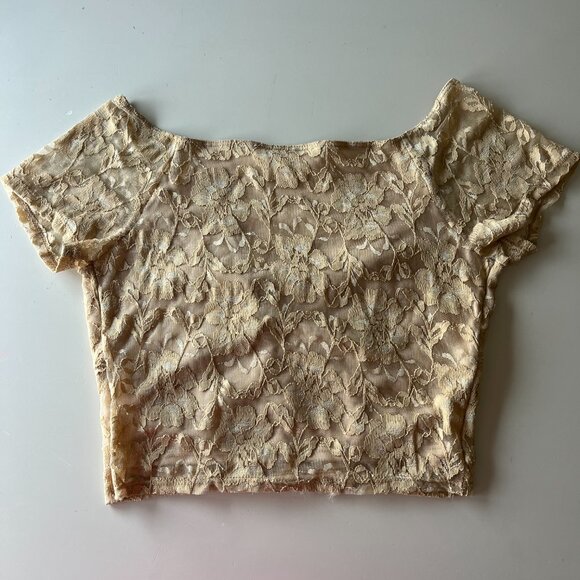 Lace V-Neck Cropped Gold/Beige Top - Picture 2 of 5